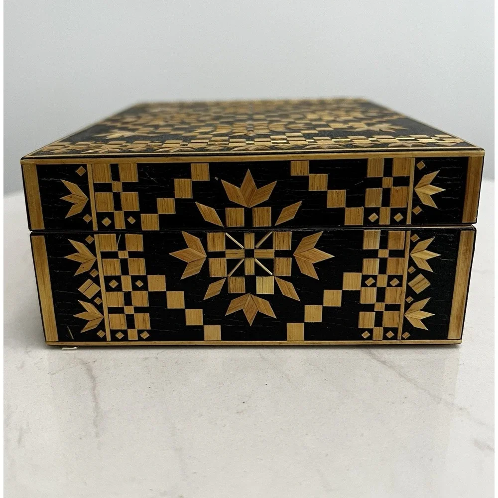 Vtg USSR Straw Marquetry Inlay Wood Jewelry Trinket Box Russia Folk Art Boho